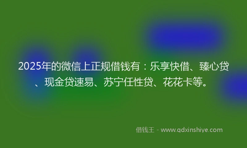 2025年的微信上正规借钱有：乐享快借、臻心贷、现金贷速易、苏宁任性贷、花花卡等。