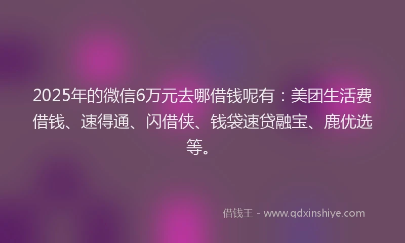 2025年的微信6万元去哪借钱呢有：美团生活费借钱、速得通、闪借侠、钱袋速贷融宝、鹿优选等。