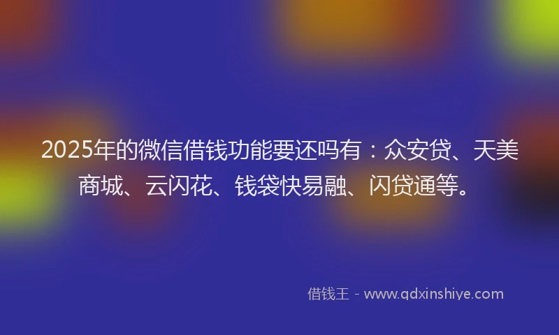 2025年的微信借钱功能要还吗有：众安贷、天美商城、云闪花、钱袋快易融、闪贷通等。