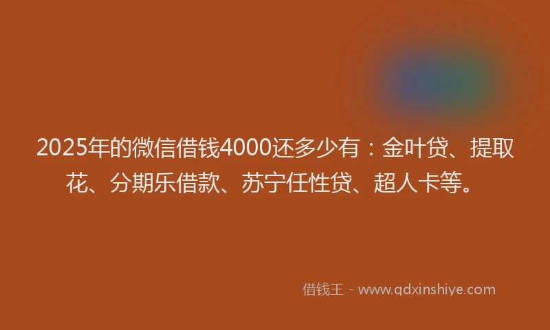 2025年的微信借钱4000还多少有：金叶贷、提取花、分期乐借款、苏宁任性贷、超人卡等。