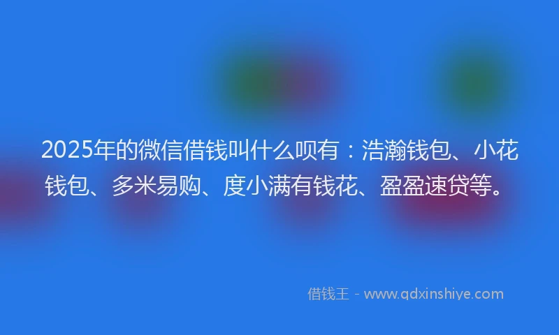 2025年的微信借钱叫什么呗有:浩瀚钱包、小花钱包、多米易购、度小满有钱花、盈盈速贷等。