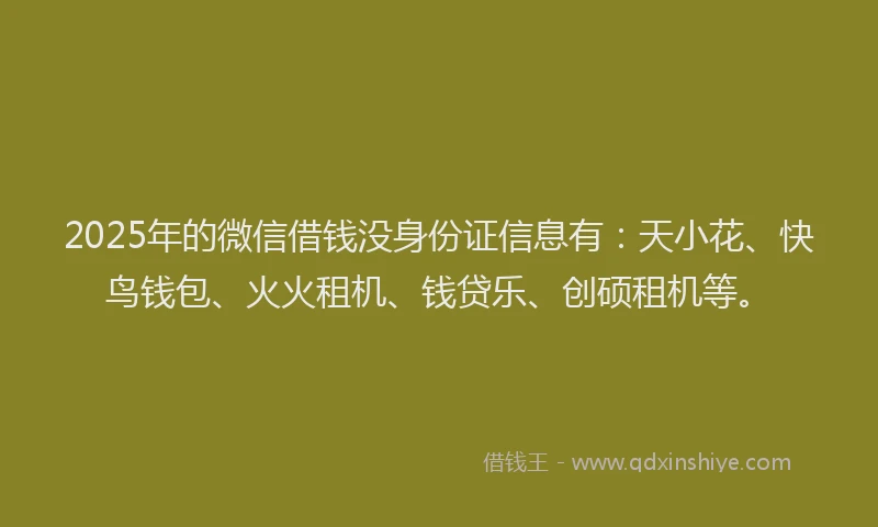2025年的微信借钱没身份证信息有：天小花、快鸟钱包、火火租机、钱贷乐、创硕租机等。