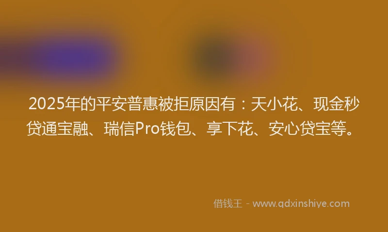 2025年的平安普惠被拒原因有：天小花、现金秒贷通宝融、瑞信Pro钱包、享下花、安心贷宝等。