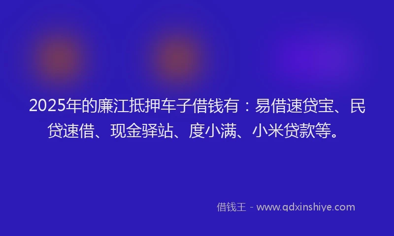 2025年的廉江抵押车子借钱有：易借速贷宝、民贷速借、现金驿站、度小满、小米贷款等。
