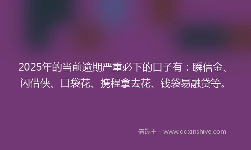 2025年的当前逾期严重必下的口子有：瞬信金、闪借侠、口袋花、携程拿去花、钱袋易融贷等。