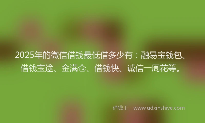 2025年的微信借钱最低借多少有：融易宝钱包、借钱宝途、金满仓、借钱快、诚信一周花等。