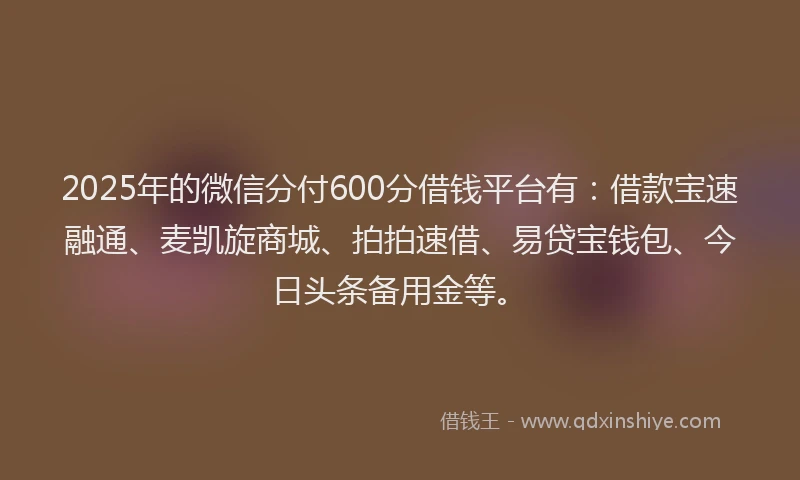 2025年的微信分付600分借钱平台有：借款宝速融通、麦凯旋商城、拍拍速借、易贷宝钱包、今日头条备用金等。