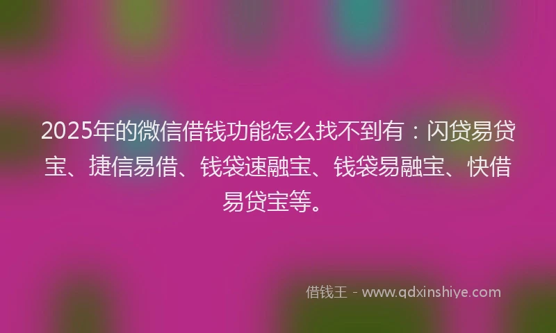 2025年的微信借钱功能怎么找不到有：闪贷易贷宝、捷信易借、钱袋速融宝、钱袋易融宝、快借易贷宝等。