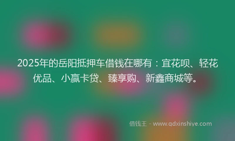 2025年的岳阳抵押车借钱在哪有：宜花呗、轻花优品、小赢卡贷、臻享购、新鑫商城等。