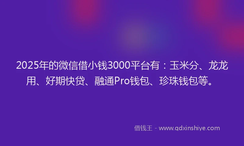 2025年的微信借小钱3000平台有:玉米分、龙龙用、好期快贷、融通Pro钱包、珍珠钱包等。