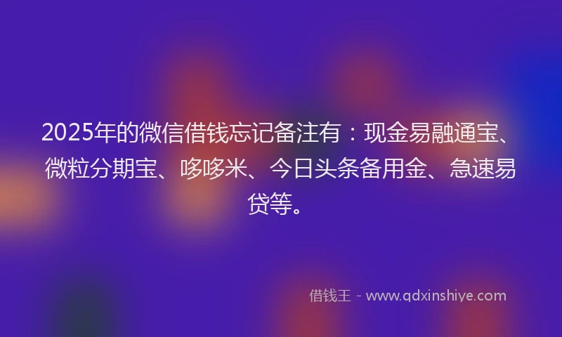 2025年的微信借钱忘记备注有:现金易融通宝、微粒分期宝、哆哆米、今日头条备用金、急速易贷等。