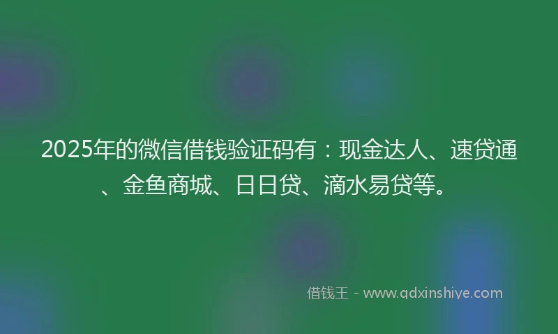 2025年的微信借钱验证码有：现金达人、速贷通、金鱼商城、日日贷、滴水易贷等。