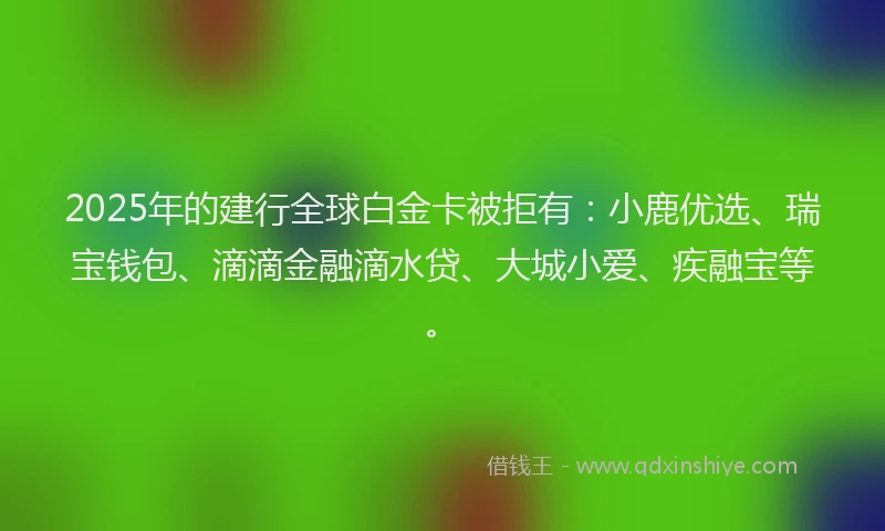 2025年的建行全球白金卡被拒有：小鹿优选、瑞宝钱包、滴滴金融滴水贷、大城小爱、疾融宝等。