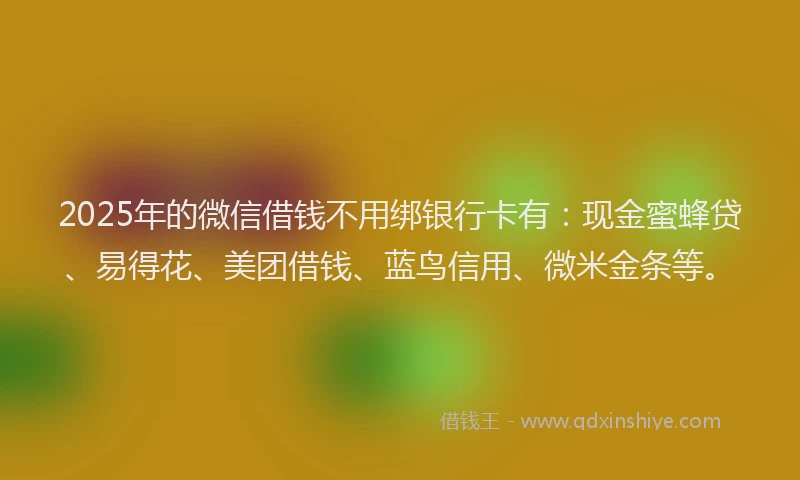 2025年的微信借钱不用绑银行卡有：现金蜜蜂贷、易得花、美团借钱、蓝鸟信用、微米金条等。