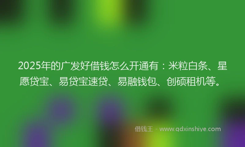 2025年的广发好借钱怎么开通有:米粒白条、星愿贷宝、易贷宝速贷、易融钱包、创硕租机等。