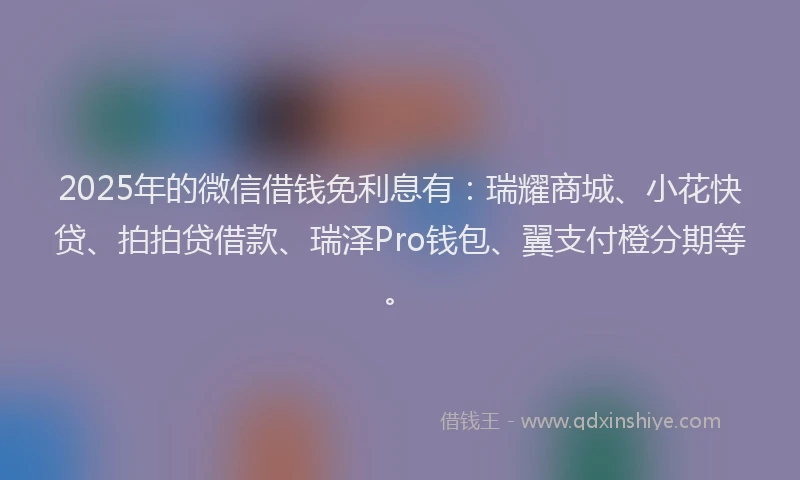 2025年的微信借钱免利息有:瑞耀商城、小花快贷、拍拍贷借款、瑞泽Pro钱包、翼支付橙分期等。
