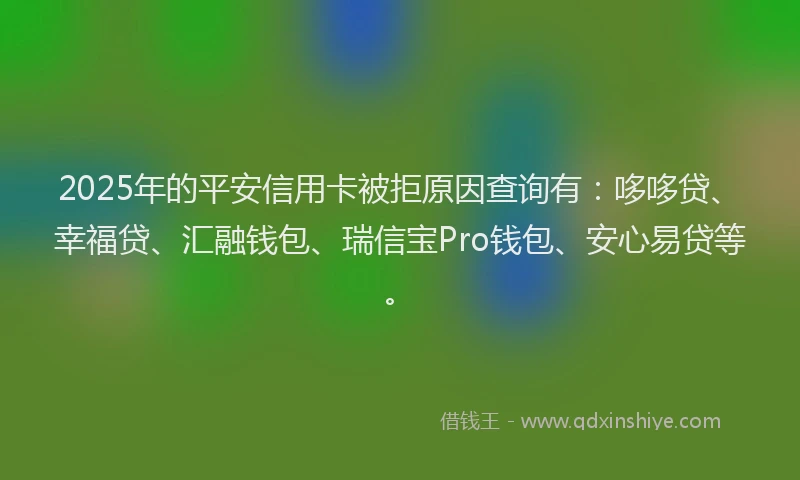 2025年的平安信用卡被拒原因查询有:哆哆贷、幸福贷、汇融钱包、瑞信宝Pro钱包、安心易贷等。