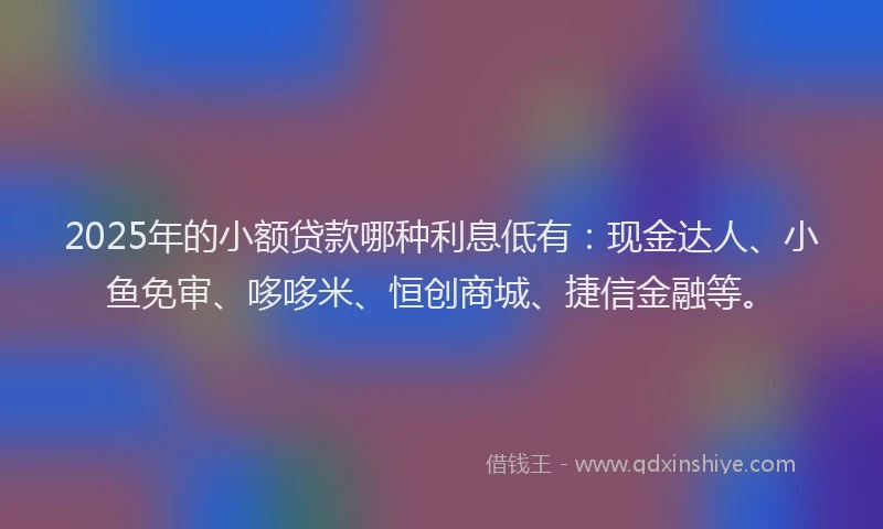 2025年的小额贷款哪种利息低有：现金达人、小鱼免审、哆哆米、恒创商城、捷信金融等。