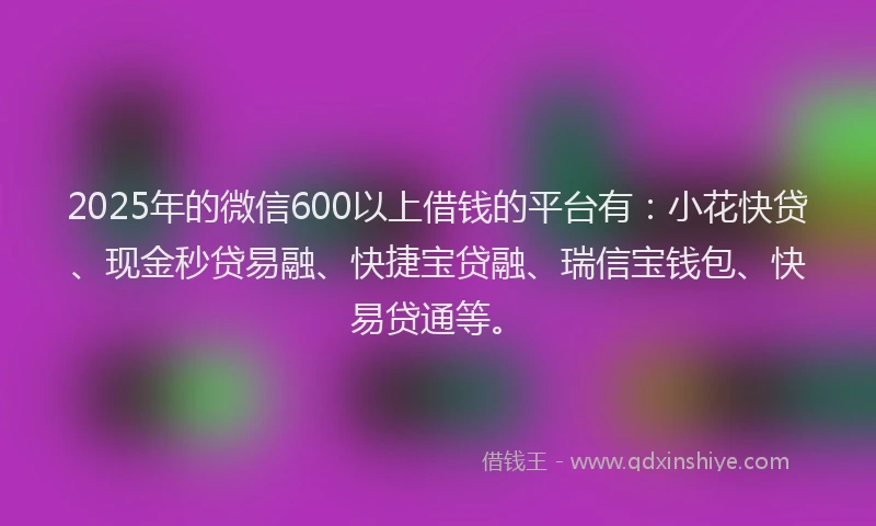 2025年的微信600以上借钱的平台有：小花快贷、现金秒贷易融、快捷宝贷融、瑞信宝钱包、快易贷通等。