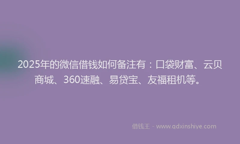 2025年的微信借钱如何备注有：口袋财富、云贝商城、360速融、易贷宝、友福租机等。