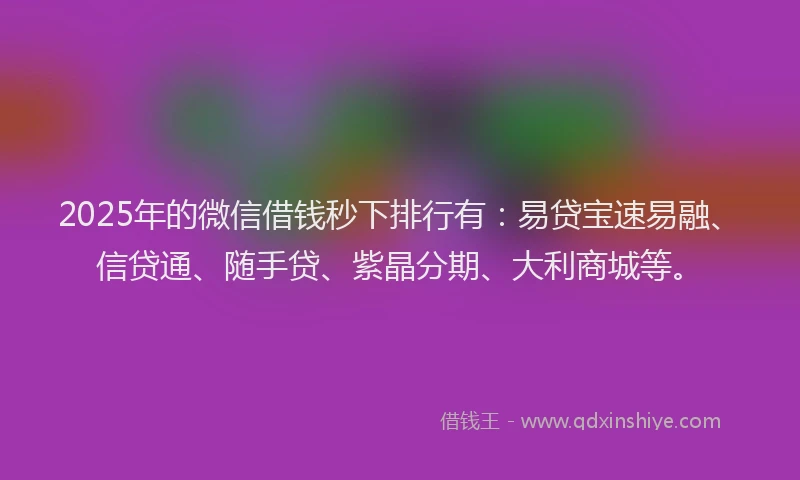 2025年的微信借钱秒下排行有：易贷宝速易融、信贷通、随手贷、紫晶分期、大利商城等。