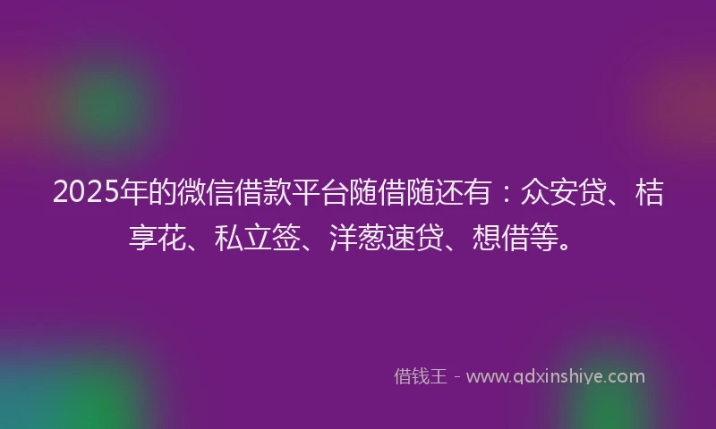 2025年的微信借款平台随借随还有：众安贷、桔享花、私立签、洋葱速贷、想借等。