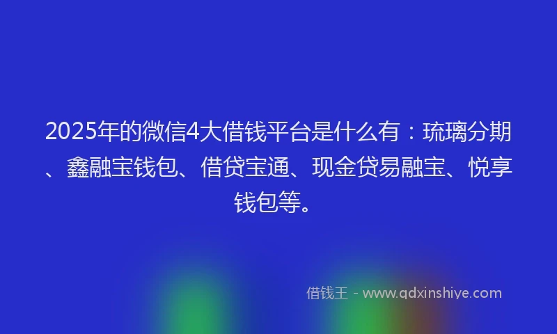 2025年的微信4大借钱平台是什么有：琉璃分期、鑫融宝钱包、借贷宝通、现金贷易融宝、悦享钱包等。
