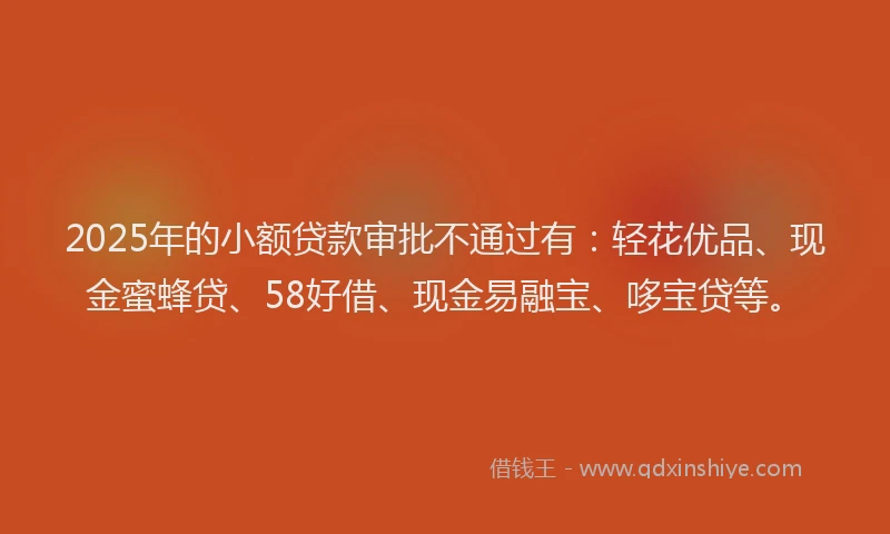2025年的小额贷款审批不通过有：轻花优品、现金蜜蜂贷、58好借、现金易融宝、哆宝贷等。