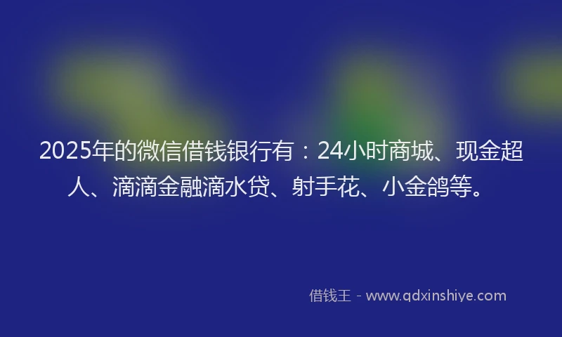 2025年的微信借钱银行有：24小时商城、现金超人、滴滴金融滴水贷、射手花、小金鸽等。