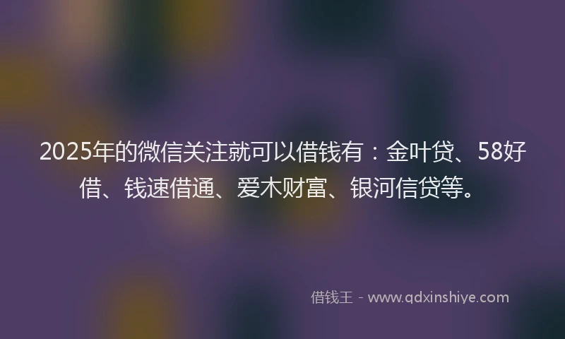 2025年的微信关注就可以借钱有：金叶贷、58好借、钱速借通、爱木财富、银河信贷等。