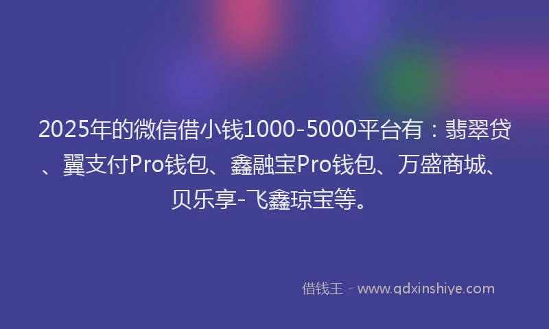2025年的微信借小钱1000-5000平台有：翡翠贷、翼支付Pro钱包、鑫融宝Pro钱包、万盛商城、贝乐享-飞鑫琼宝等。