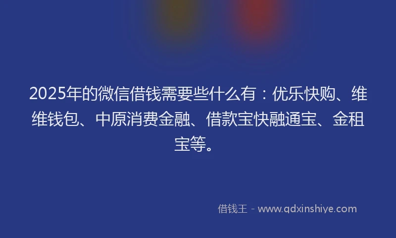 2025年的微信借钱需要些什么有：优乐快购、维维钱包、中原消费金融、借款宝快融通宝、金租宝等。