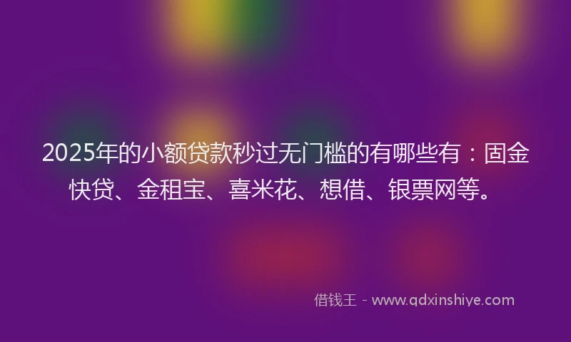 2025年的小额贷款秒过无门槛的有哪些有：固金快贷、金租宝、喜米花、想借、银票网等。