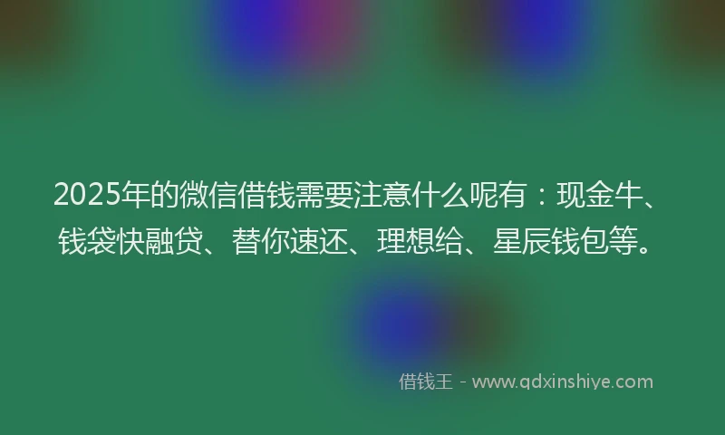 2025年的微信借钱需要注意什么呢有：现金牛、钱袋快融贷、替你速还、理想给、星辰钱包等。