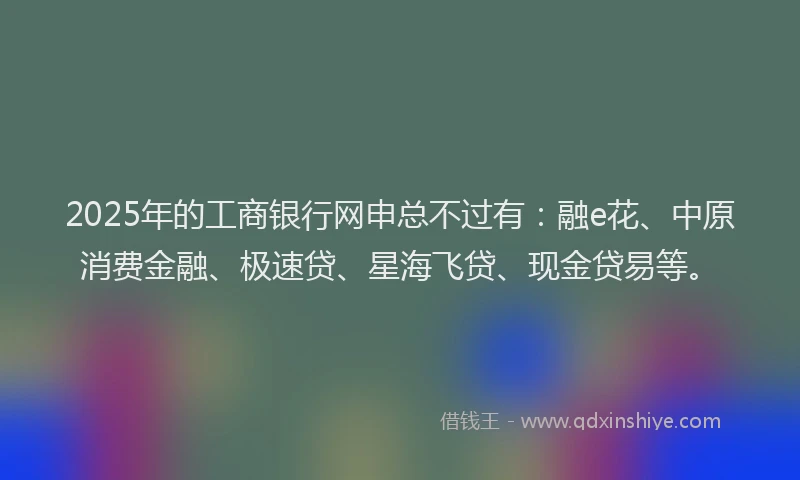 2025年的工商银行网申总不过有：融e花、中原消费金融、极速贷、星海飞贷、现金贷易等。