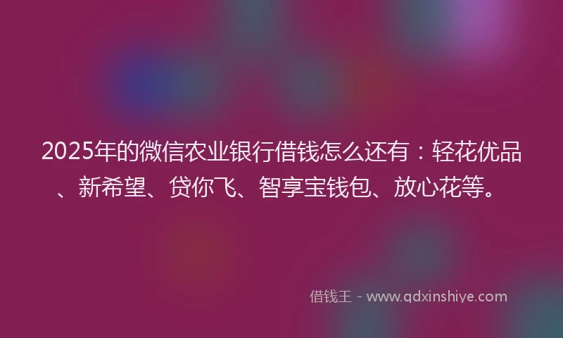 2025年的微信农业银行借钱怎么还有：轻花优品、新希望、贷你飞、智享宝钱包、放心花等。