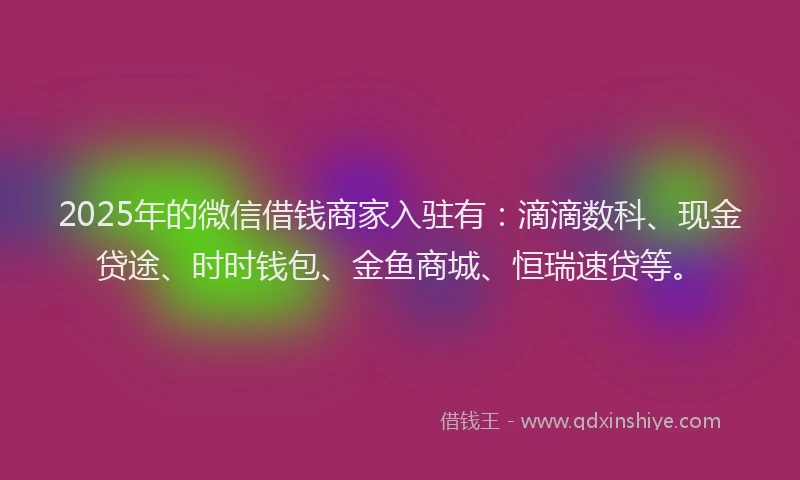 2025年的微信借钱商家入驻有：滴滴数科、现金贷途、时时钱包、金鱼商城、恒瑞速贷等。