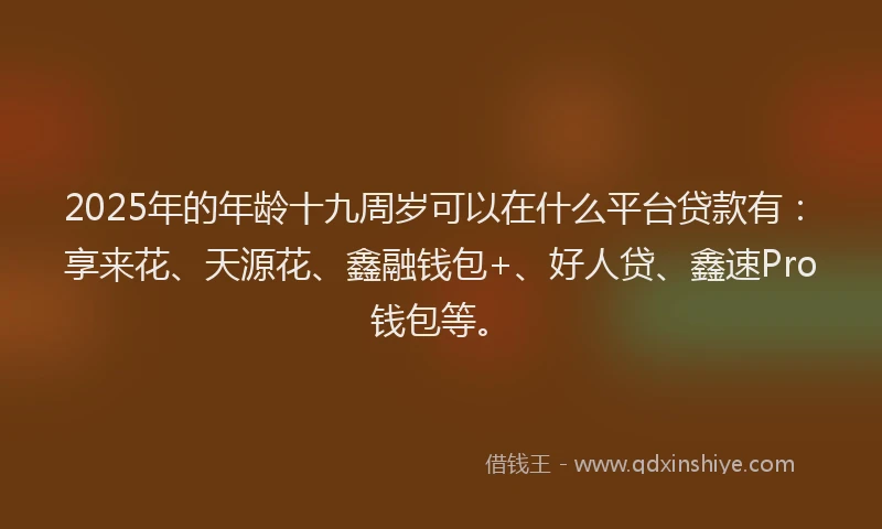 2025年的年龄十九周岁可以在什么平台贷款有：享来花、天源花、鑫融钱包+、好人贷、鑫速Pro钱包等。