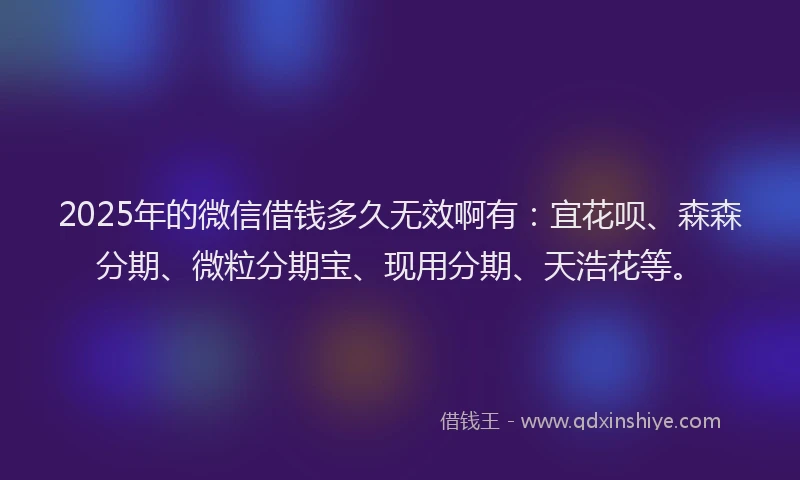 2025年的微信借钱多久无效啊有：宜花呗、森森分期、微粒分期宝、现用分期、天浩花等。