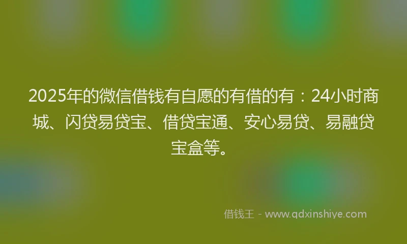 2025年的微信借钱有自愿的有借的有：24小时商城、闪贷易贷宝、借贷宝通、安心易贷、易融贷宝盒等。