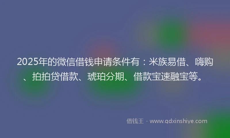 2025年的微信借钱申请条件有:米族易借、嗨购、拍拍贷借款、琥珀分期、借款宝速融宝等。
