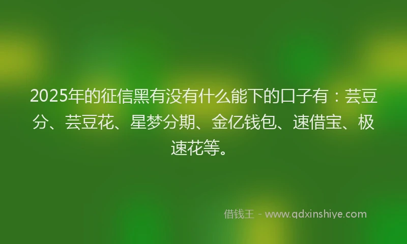 2025年的征信黑有没有什么能下的口子有：芸豆分、芸豆花、星梦分期、金亿钱包、速借宝、极速花等。