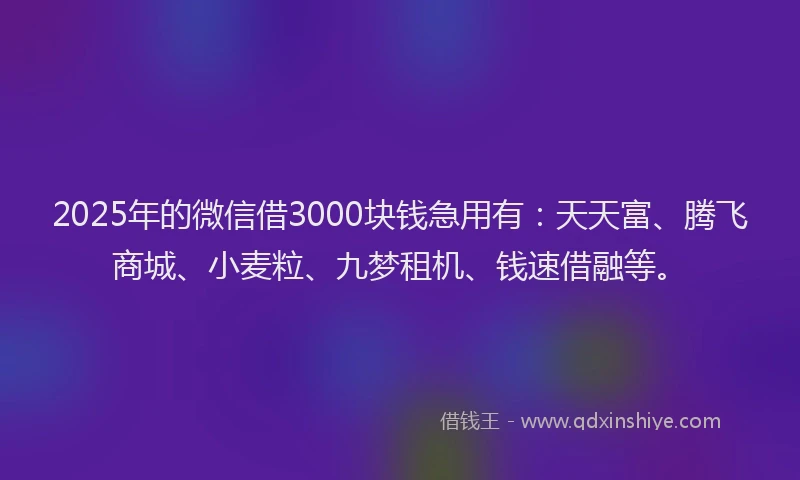 2025年的微信借3000块钱急用有：天天富、腾飞商城、小麦粒、九梦租机、钱速借融等。