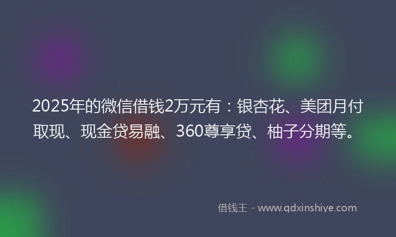 2025年的微信借钱2万元有：银杏花、美团月付取现、现金贷易融、360尊享贷、柚子分期等。