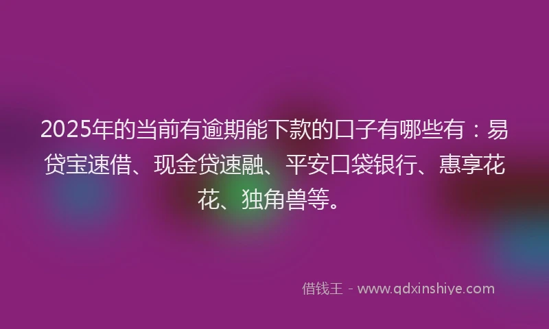 2025年的当前有逾期能下款的口子有哪些有：易贷宝速借、现金贷速融、平安口袋银行、惠享花花、独角兽等。