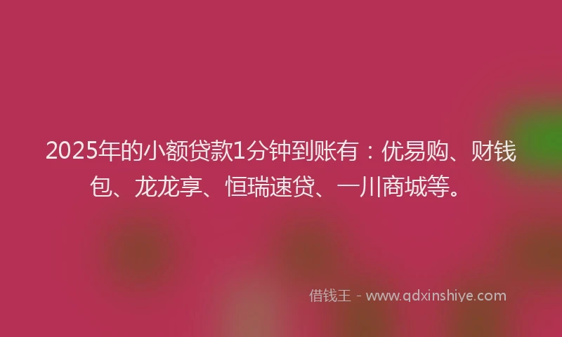2025年的小额贷款1分钟到账有：优易购、财钱包、龙龙享、恒瑞速贷、一川商城等。