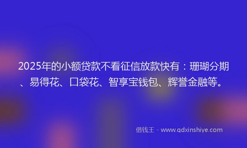 2025年的小额贷款不看征信放款快有：珊瑚分期、易得花、口袋花、智享宝钱包、辉誉金融等。
