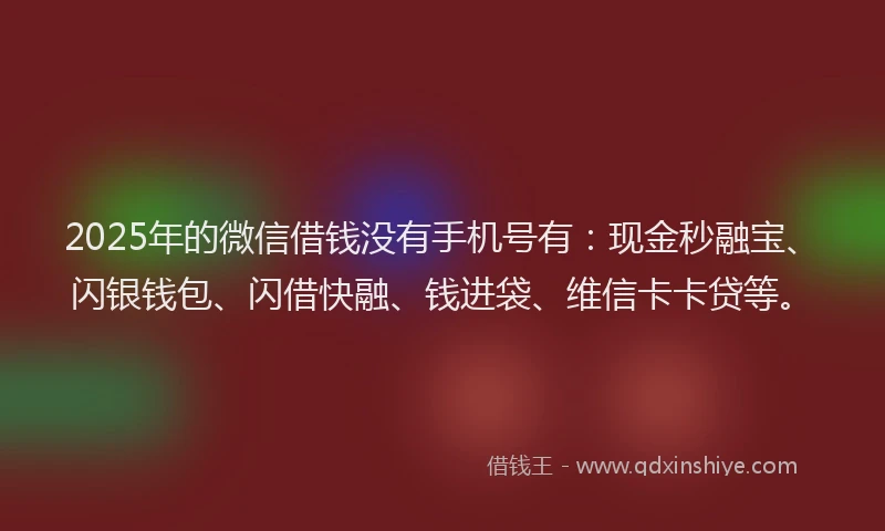 2025年的微信借钱没有手机号有：现金秒融宝、闪银钱包、闪借快融、钱进袋、维信卡卡贷等。