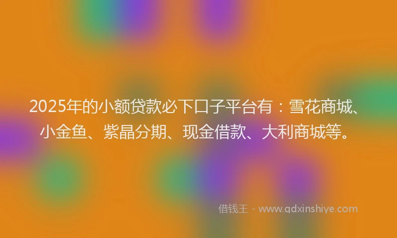 2025年的小额贷款必下口子平台有：雪花商城、小金鱼、紫晶分期、现金借款、大利商城等。