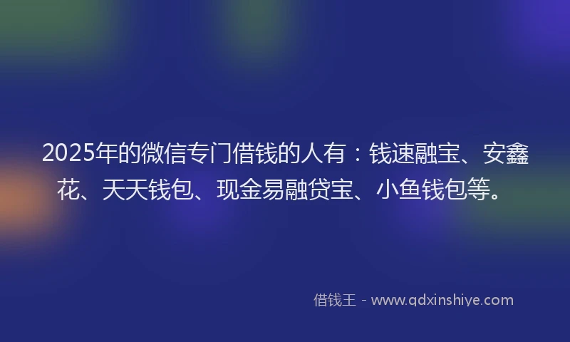2025年的微信专门借钱的人有：钱速融宝、安鑫花、天天钱包、现金易融贷宝、小鱼钱包等。